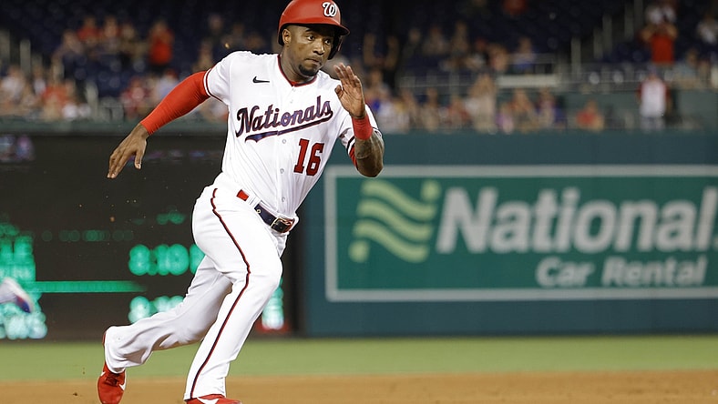 Aug 17, 2021; Washington, District of Columbia, USA; Washington Nationals center fielder Victor Robles (16) rounds third base en route to scoring a run on a two RBI double by Nationals shortstop Alcides Escobar (not pictured) against the Toronto Blue Jays in the third inning at Nationals Park. Mandatory Credit: Geoff Burke-USA TODAY Sports