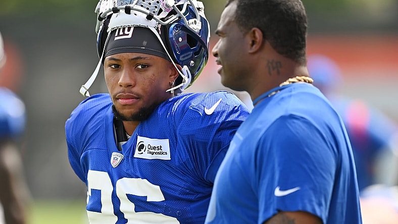 Aug 19, 2021; Berea, OH, USA; New York Giants running back Saquon Barkley (26) during a joint practice with the Cleveland Browns at CrossCountry Mortgage Campus. Mandatory Credit: Ken Blaze-USA TODAY Sports