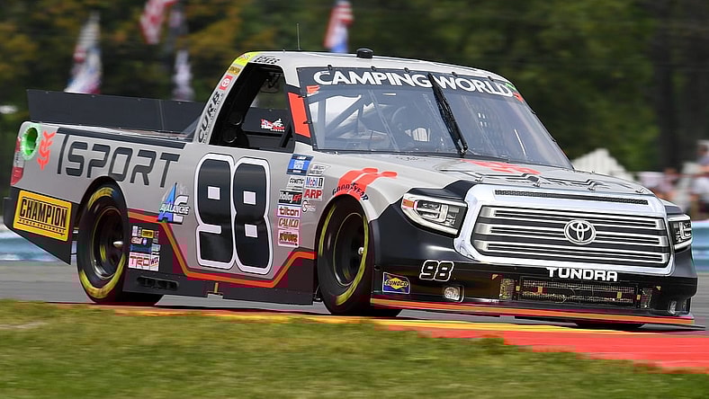 Aug 7, 2021; Watkins Glen, NY, USA; NASCAR Camping World Truck Series driver Christian Eckes (98) drives during the United Rentals 176 at Watkins Glen International. Mandatory Credit: Rich Barnes-USA TODAY Sports