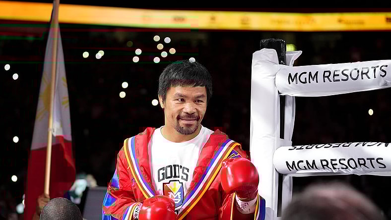 Aug 21, 2021; Las Vegas, Nevada; Manny Pacquiao is pictured before the start of a world welterweight championship bout against Yordenis Ugas at T-Mobile Arena. Mandatory Credit: Stephen R. Sylvanie-USA TODAY Sports