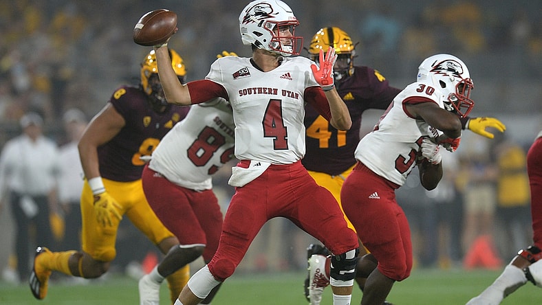 Sep 2, 2021; Tempe, Arizona, USA; Southern Utah Thunderbirds quarterback Justin Miller (4) throws a pass against the Arizona State Sun Devils during the first half at Sun Devil Stadium. Mandatory Credit: Joe Camporeale-USA TODAY Sports