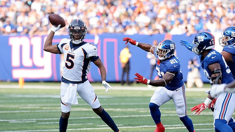 Sep 12, 2021; East Rutherford, New Jersey, USA; Denver Broncos quarterback Teddy Bridgewater (5) throws the ball against the New York Giants during the first quarter at MetLife Stadium. Mandatory Credit: Vincent Carchietta-USA TODAY Sports
