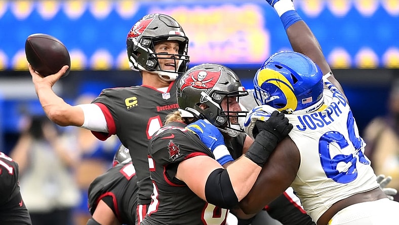 Sep 26, 2021; Inglewood, California, USA;  Los Angeles Rams defensive tackle Sebastian Joseph-Day (69) pressures Tampa Bay Buccaneers quarterback Tom Brady (12) as he looks to throw a pass in the first half of the game at SoFi Stadium. Mandatory Credit: Jayne Kamin-Oncea-USA TODAY Sports