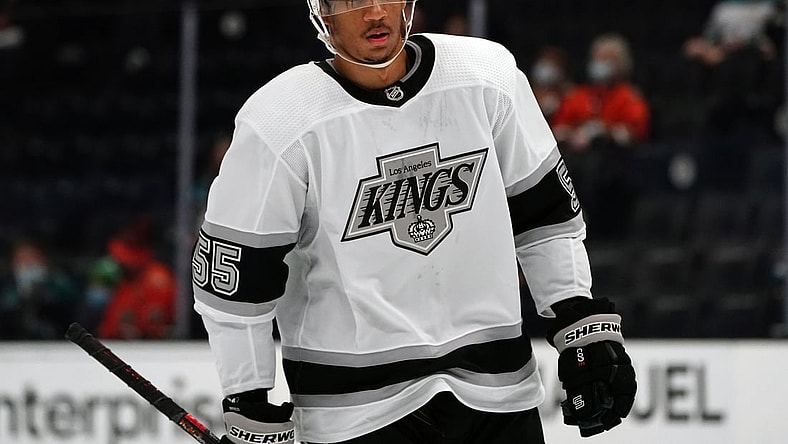 Apr 30, 2021; Anaheim, California, USA; Los Angeles Kings center Quinton Byfield (55) against the Anaheim Ducks during the first period at Honda Center. Mandatory Credit: Gary A. Vasquez-USA TODAY Sports