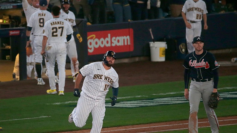 Milwaukee Brewers first baseman Rowdy Tellez (11) rounds first after hitting a two-run homer during the seventh inning of their National League Division Series game against the Atlanta Braves Friday, October 8, 2021 at American Family Field in Milwaukee, Wis.MARK HOFFMAN/MILWAUKEE JOURNAL SENTINEL
Mjs Brewers09 12 Jpg Brewers09