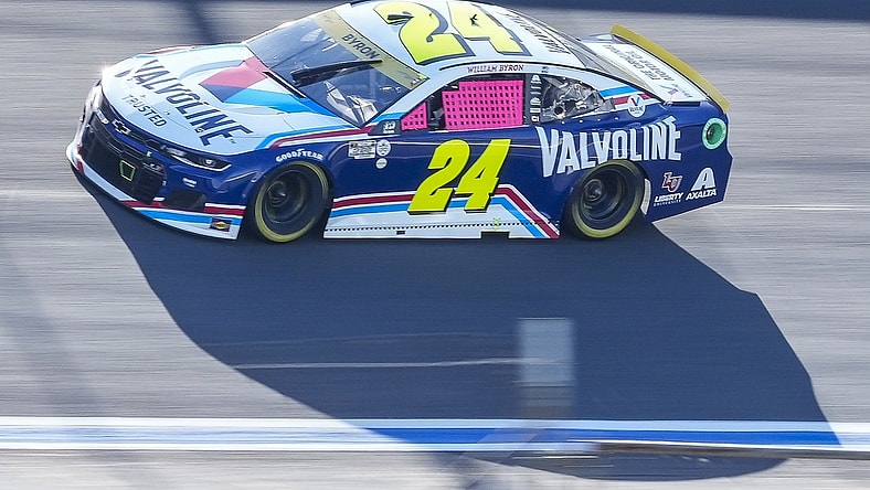 Oct 10, 2021; Concord, North Carolina, USA; NASCAR Cup Series driver William Byron (24) on the banking during the Bank of America Roval 400 at Charlotte Motor Speedway Road Course. Mandatory Credit: Jim Dedmon-USA TODAY Sports