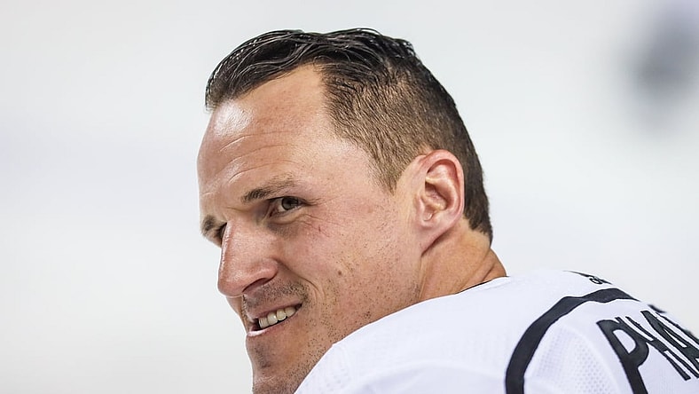 Mar 25, 2019; Calgary, Alberta, CAN; Los Angeles Kings defenseman Dion Phaneuf (3) looks on during warm ups prior to the game against the Calgary Flames at Scotiabank Saddledome. Mandatory Credit: Sergei Belski-USA TODAY Sports