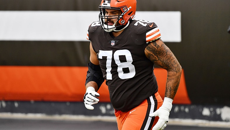 Oct 11, 2020; Cleveland, Ohio, USA; Cleveland Browns offensive tackle Jack Conklin (78) is introduced before the game between the Cleveland Browns and the Indianapolis Colts at FirstEnergy Stadium. Mandatory Credit: Ken Blaze-USA TODAY Sports