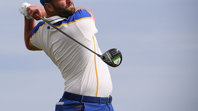 Sep 26, 2021; Haven, Wisconsin, USA; Team Europe player Jon Rahm plays his shot from the fourth tee during day three singles rounds for the 43rd Ryder Cup golf competition at Whistling Straits. Mandatory Credit: Orlando Ramirez-USA TODAY Sports