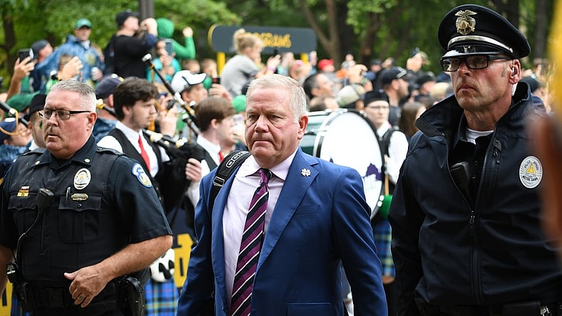 Oct 2, 2021; South Bend, Indiana, USA; Notre Dame Fighting Irish head coach Brian Kelly enters Notre Dame Stadium before the game against the Cincinnati Bearcats. Mandatory Credit: Matt Cashore-USA TODAY Sports