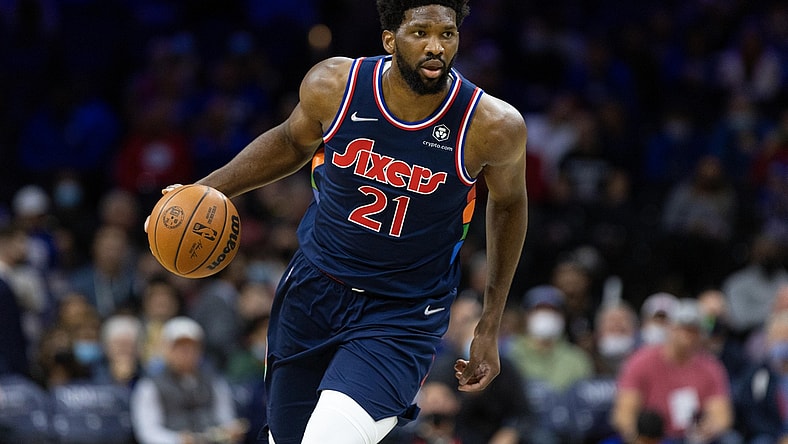 Nov 3, 2021; Philadelphia, Pennsylvania, USA; Philadelphia 76ers center Joel Embiid (21) plays against the Chicago Bulls during the first quarter at Wells Fargo Center. Mandatory Credit: Bill Streicher-USA TODAY Sports