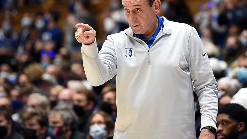 Nov 22, 2021; Durham, North Carolina, USA;  Duke Blue Devils head coach Mike Krzyzewski gestures during the second half against The Citadel Bulldogs at Cameron Indoor Stadium. Mandatory Credit: Rob Kinnan-USA TODAY Sports