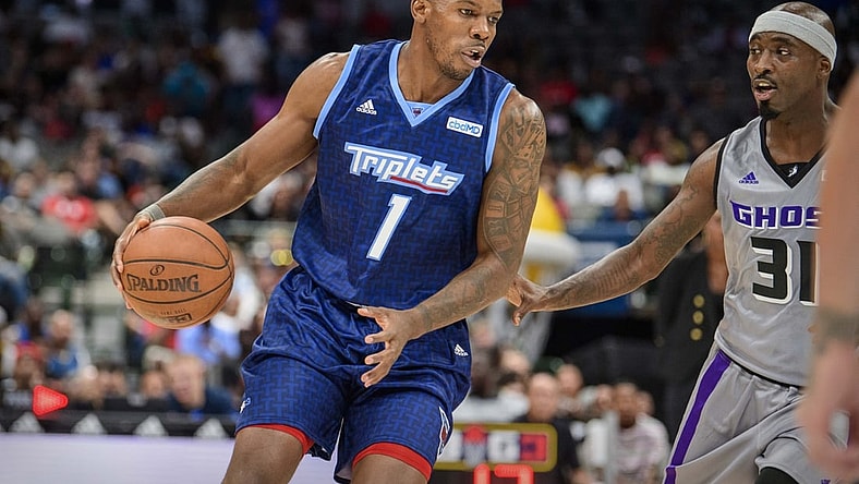 Aug 17, 2019; Dallas, TX, USA; Triplets forward Joe Johnson (1) and Ghost Ballers forward Ricky Davis (31) during the game at the American Airlines Center. Mandatory Credit: Jerome Miron-USA TODAY Sports