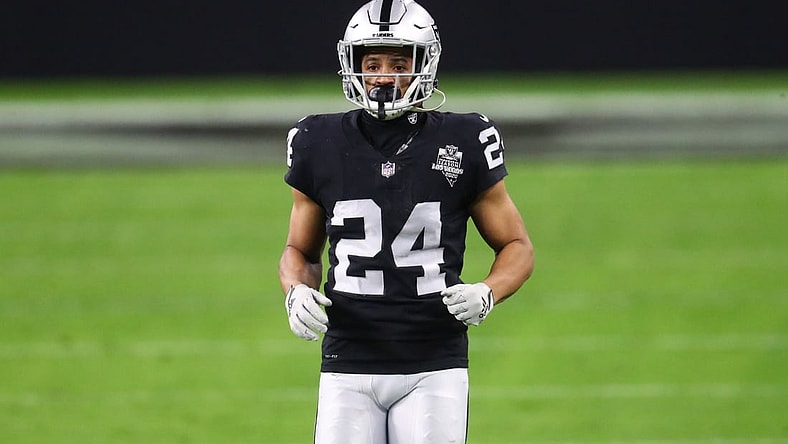 Dec 26, 2020; Paradise, Nevada, USA; Las Vegas Raiders safety Johnathan Abram (24) against the Miami Dolphins at Allegiant Stadium. Mandatory Credit: Mark J. Rebilas-USA TODAY Sports