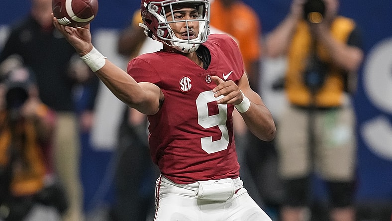 Dec 4, 2021; Atlanta, GA, USA; Alabama Crimson Tide quarterback Bryce Young (9) passes against the Georgia Bulldogs during the second half at Mercedes-Benz Stadium. Mandatory Credit: Dale Zanine-USA TODAY Sports