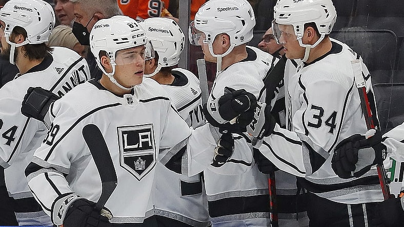 Dec 5, 2021; Edmonton, Alberta, CAN; Los Angeles Kings forward Rasmus Kupari (89) celebrates a first period goal against the Edmonton Oilers at Rogers Place. Mandatory Credit: Perry Nelson-USA TODAY Sports