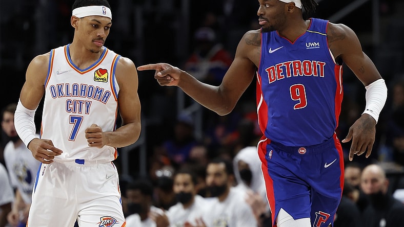 Dec 6, 2021; Detroit, Michigan, USA;  Detroit Pistons forward Jerami Grant (9) celebrates in the first half against the Oklahoma City Thunder at Little Caesars Arena. Mandatory Credit: Rick Osentoski-USA TODAY Sports