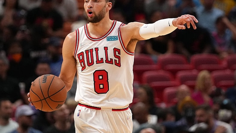 Dec 11, 2021; Miami, Florida, USA; Chicago Bulls guard Zach LaVine (8) dribbles the ball up the court against the Miami Heat during the first half at FTX Arena. Mandatory Credit: Jasen Vinlove-USA TODAY Sports