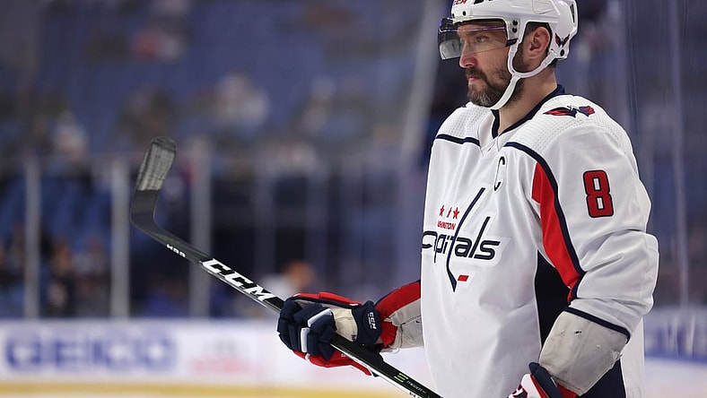 Dec 11, 2021; Buffalo, New York, USA; Washington Capitals left wing Alex Ovechkin (8) waits for the faceoff during the first period against the Buffalo Sabres at KeyBank Center. Mandatory Credit: Timothy T. Ludwig-USA TODAY Sports
