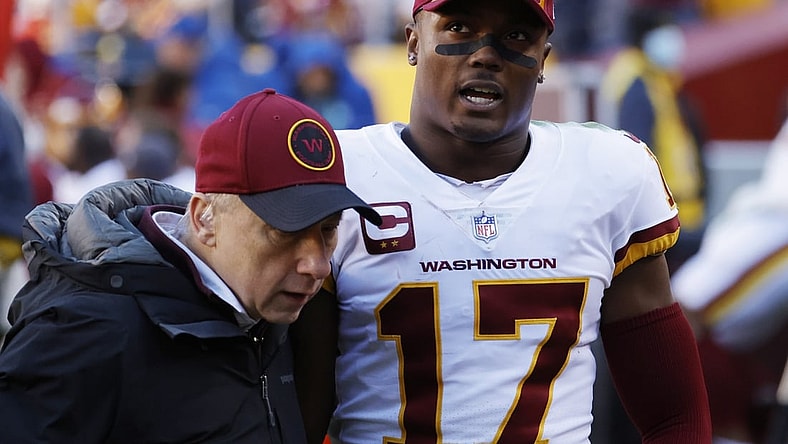Dec 12, 2021; Landover, Maryland, USA;  Washington Football Team wide receiver Terry McLaurin (17) walks to the locker room after being injured against the Dallas Cowboys during the third quarter at FedExField. Mandatory Credit: Geoff Burke-USA TODAY Sports