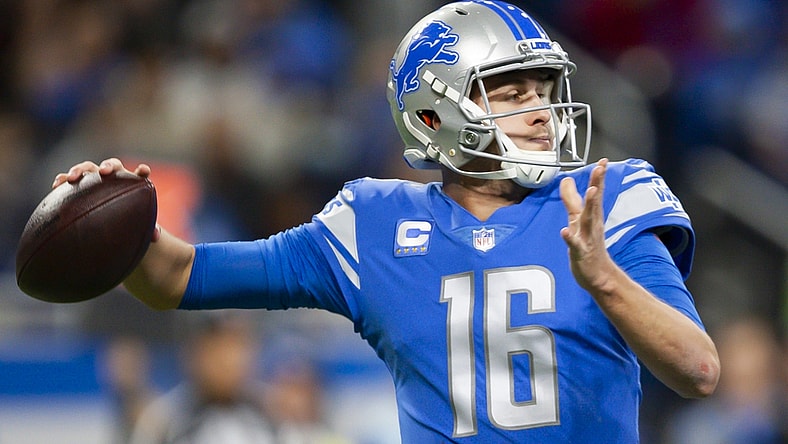 Dec 19, 2021; Detroit, Michigan, USA; Detroit Lions quarterback Jared Goff (16) passes the ball during the first quarter against the Arizona Cardinals at Ford Field. Mandatory Credit: Raj Mehta-USA TODAY Sports