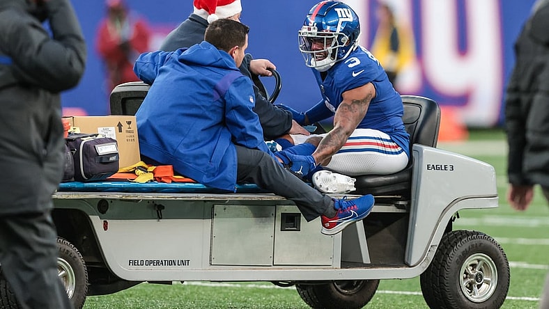 Dec 19, 2021; East Rutherford, New Jersey, USA; New York Giants wide receiver Sterling Shepard (3) is driven off of the field after an injury during the second half against the Dallas Cowboys at MetLife Stadium. Mandatory Credit: Vincent Carchietta-USA TODAY Sports