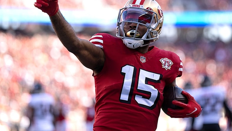 Dec 19, 2021; Santa Clara, California, USA; San Francisco 49ers wide receiver Jauan Jennings (15) signals during the second quarter against the Atlanta Falcons at Levi's Stadium. Mandatory Credit: Stan Szeto-USA TODAY Sports