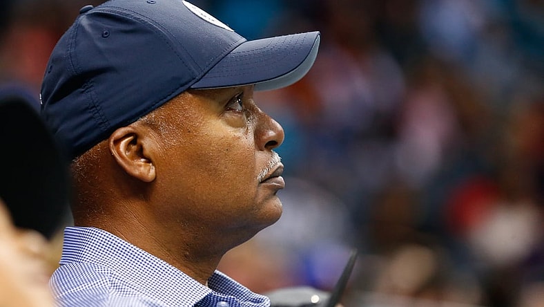 Feb 25, 2018; Charlotte, NC, USA; Former Detroit Lions head coach Jim Caldwell watches the game between the Charlotte Hornets and the Detroit Pistons at Spectrum Center. Mandatory Credit: Jeremy Brevard-USA TODAY Sports