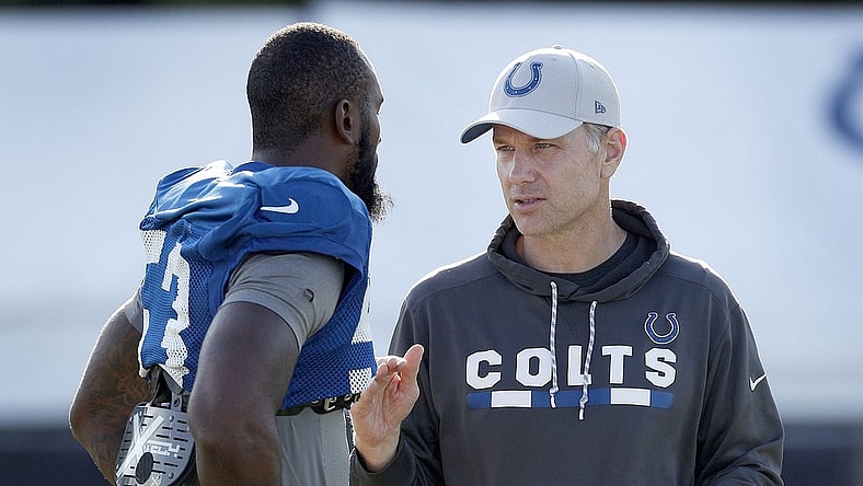 Indianapolis Colts defensive coordinator Matt Eberflus talks with linebacker Darius Leonard (53) during the Colts training camp at Grand Park in Westfield on Monday, August 6, 2018.
Indianapolis Colts Training Camp At Grand Park In Westfield