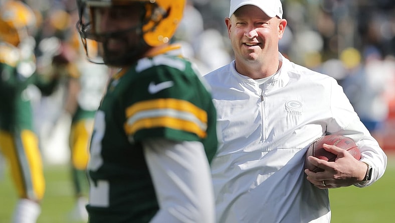 Green Bay Packers offensive coordinator Nathaniel Hackett talks with quarterback Aaron Rodgers (12) before their game against the Oakland Raiders Sunday, October 21, 2019 at Lambeau Field in Green Bay, Wis.MARK HOFFMAN/MILWAUKEE JOURNAL SENTINEL
Packers21 1 Hoffman
