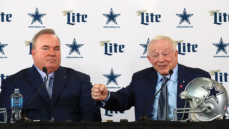 Jan 8, 2020; Frisco, Texas, USA; Dallas Cowboys owner Jerry Jones answers questions with new head coach Mike McCarthy during a press conference at Ford Center at the Star. Mandatory Credit: Matthew Emmons-USA TODAY Sports