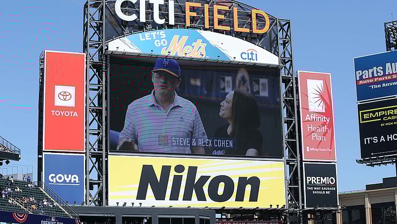 Apr 8, 2021; New York City, New York, USA; A message from New York Mets owners Steve Cohen and his wife Alex is played on the video board before an opening day game against the Miami Marlins at Citi Field. Mandatory Credit: Brad Penner-USA TODAY Sports