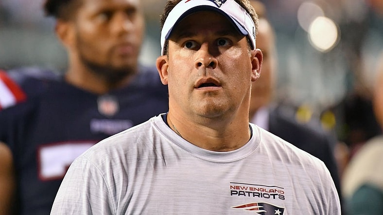 Aug 19, 2021; Philadelphia, Pennsylvania, USA; New England Patriots offensive coordinator Josh McDaniels against the Philadelphia Eagles at Lincoln Financial Field. Mandatory Credit: Eric Hartline-USA TODAY Sports