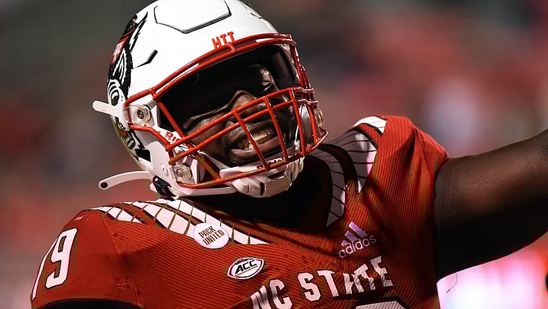 Oct 30, 2021; Raleigh, North Carolina, USA;  North Carolina State Wolfpack tackle Ikem Ekwonu (79) warms up prior to a game against the Louisville Cardinals at Carter-Finley Stadium. Mandatory Credit: Rob Kinnan-USA TODAY Sports