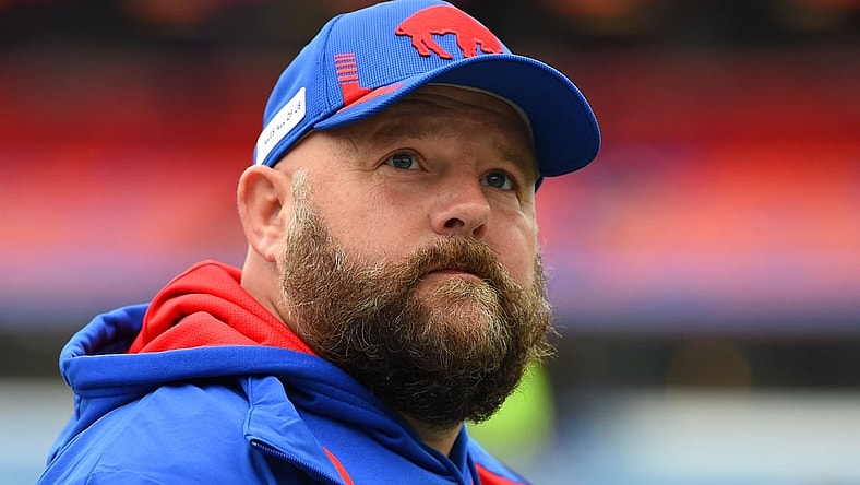 Oct 31, 2021; Orchard Park, New York, USA; Buffalo Bills offensive coordinator Brian Daboll prior to the game against the Miami Dolphins at Highmark Stadium. Mandatory Credit: Rich Barnes-USA TODAY Sports