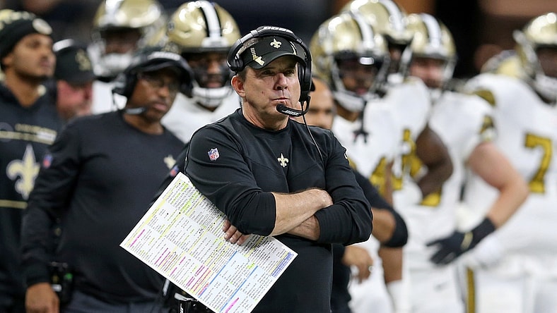 Nov 25, 2021; New Orleans, Louisiana, USA; New Orleans Saints head coach Sean Payton in the second half against the Buffalo Bills at the Caesars Superdome. Mandatory Credit: Chuck Cook-USA TODAY Sports