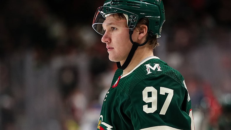 Dec 16, 2021; Saint Paul, Minnesota, USA; Minnesota Wild left wing Kirill Kaprizov (97) looks on against the Buffalo Sabres in the second period at Xcel Energy Center. Mandatory Credit: David Berding-USA TODAY Sports