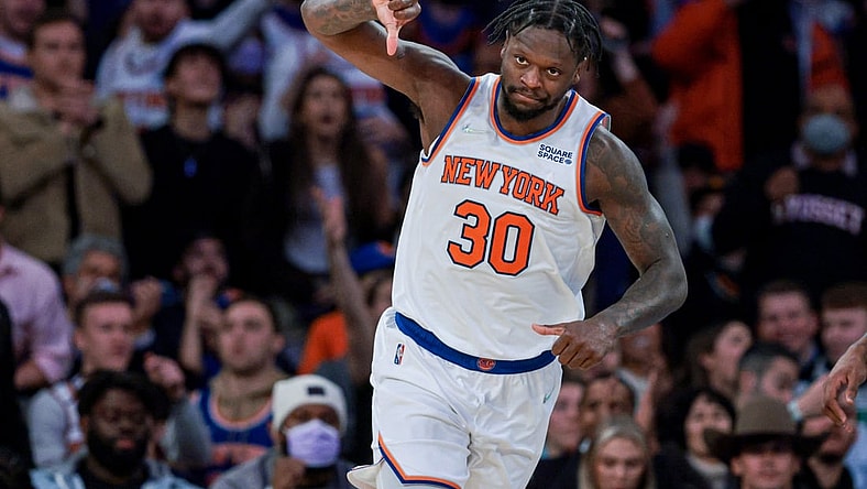 Jan 6, 2022; New York, New York, USA; New York Knicks forward Julius Randle (30) gestures after making a basket against the Boston Celtics during the second half at Madison Square Garden. Mandatory Credit: Vincent Carchietta-USA TODAY Sports