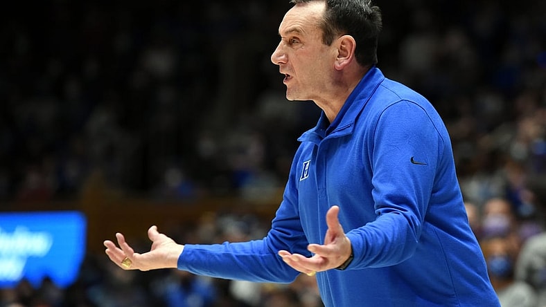 Jan 8, 2022; Durham, North Carolina, USA; Duke Blue Devils head coach Mike Krzyzewski reacts during the second half against the Miami Hurricanes at Cameron Indoor Stadium. Mandatory Credit: Rob Kinnan-USA TODAY Sports