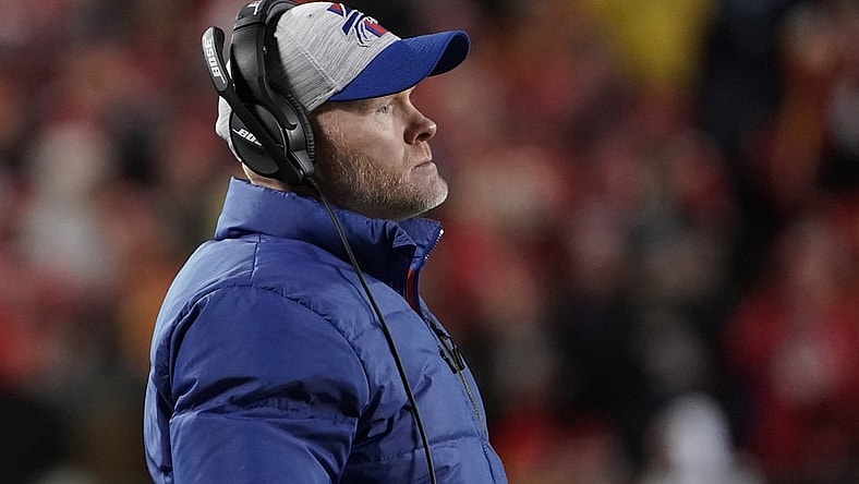 Jan 23, 2022; Kansas City, Missouri, USA; Buffalo Bills head coach Sean McDermott looks on from the sidelines against the Kansas City Chiefs during the first half in the AFC Divisional playoff football game at GEHA Field at Arrowhead Stadium. Mandatory Credit: Denny Medley-USA TODAY Sports