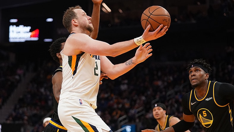 Jan 23, 2022; San Francisco, California, USA; Utah Jazz forward Joe Ingles (2) drives to the hoop against the Golden State Warriors in the fourth quarter at the Chase Center. Mandatory Credit: Cary Edmondson-USA TODAY Sports