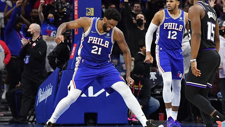 Jan 29, 2022; Philadelphia, Pennsylvania, USA; Philadelphia 76ers center Joel Embiid (21) celebrates after defeating against the Sacramento Kings at Wells Fargo Center. Mandatory Credit: Eric Hartline-USA TODAY Sports