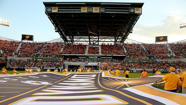 May 5, 2018; Houston, TX, USA; A giant Dynamo logo is laid on the pitch before the  Los Angeles Galaxy play the Houston Dynamo in the first half at BBVA Compass Stadium. Mandatory Credit: Thomas B. Shea-USA TODAY Sports