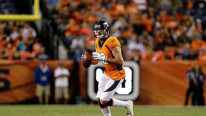 Aug 18, 2018; Denver, CO, USA; Denver Broncos quarterback Paxton Lynch (12) in the fourth quarter against the Chicago Bears at Broncos Stadium at Mile High. Mandatory Credit: Isaiah J. Downing-USA TODAY Sports