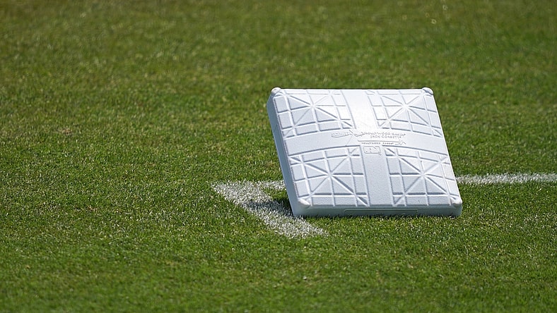 Mar 24, 2021; Jupiter, Florida, USA; A detailed view of a base on the field prior to the spring training game between the St. Louis Cardinals and the New York Mets at Roger Dean Chevrolet Stadium. Mandatory Credit: Jasen Vinlove-USA TODAY Sports