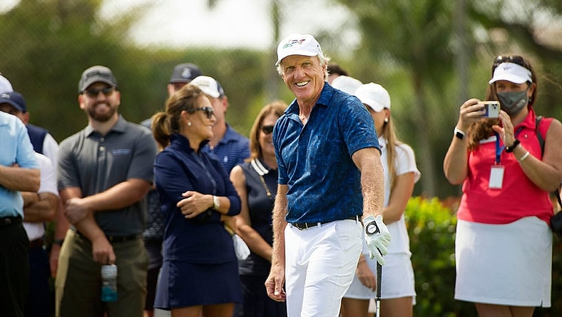Greg Norman hosts a golf clinic for Oxbridge Academy boys and girls varsity golf teams before the Oxbridge Academy Annual Golf Classic at The Breakers in Palm Beach March 1, 2021.
Pbn 030121 Oxbridge Peep 04