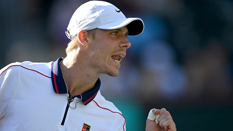 Oct 11, 2021; Indian Wells, CA, USA; Denis Shapovalov (CAN) reacts after winning a point against Aslan Karatsev (RUS) during a third round match in the BNP Paribas Open at the Indian Wells Tennis Garden. Mandatory Credit: Jayne Kamin-Oncea-USA TODAY Sports