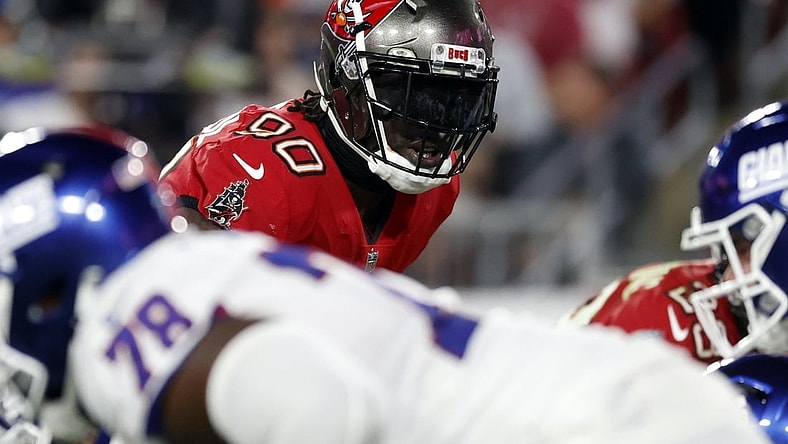 Nov 22, 2021; Tampa, Florida, USA; Tampa Bay Buccaneers outside linebacker Jason Pierre-Paul (90) looks on against the New York Giants during the second quarter at Raymond James Stadium. Mandatory Credit: Kim Klement-USA TODAY Sports
