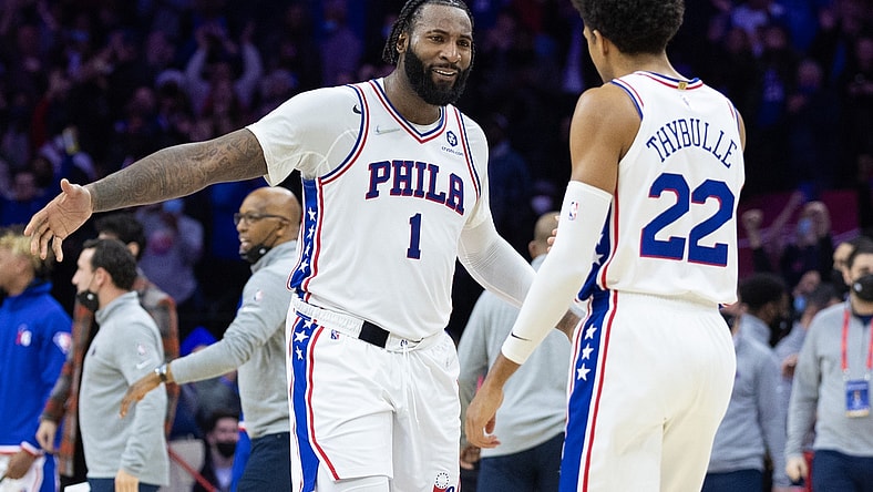 Jan 31, 2022; Philadelphia, Pennsylvania, USA; Philadelphia 76ers center Andre Drummond (1) and guard Matisse Thybulle (22) celebrate a victory against the Memphis Grizzlies at Wells Fargo Center. Mandatory Credit: Bill Streicher-USA TODAY Sports
