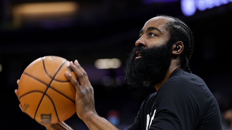 Feb 2, 2022; Sacramento, California, USA; Brooklyn Nets guard James Harden (13) warms up before the game against the Sacramento Kings at Golden 1 Center. Mandatory Credit: Sergio Estrada-USA TODAY Sports